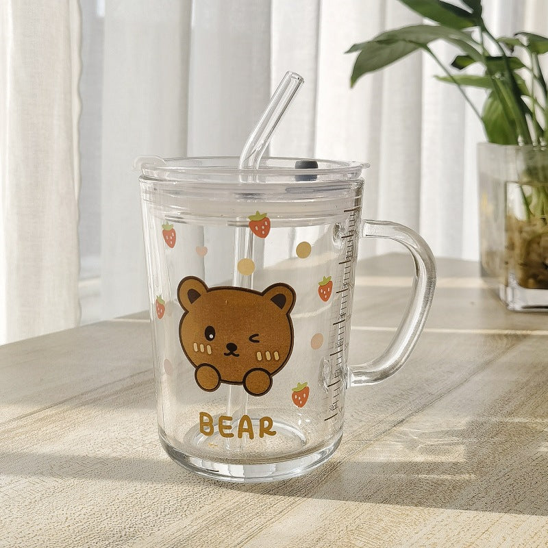 ins Glass Cup with Straw Milk Breakfast Cup Cute Cartoon Graduated Cup with Lid Spoon Gift Customization logo