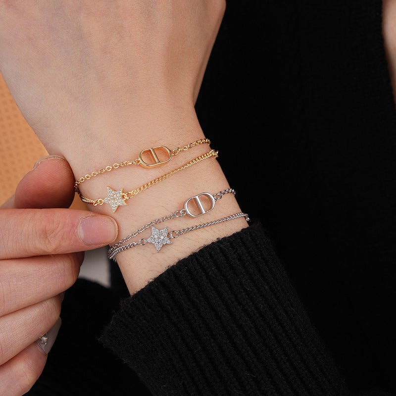 Zircon Star Pig Nose Double Layer Bracelet Niche Light Luxury High-end Versatile Fashion Commuting Vintage Jewelry