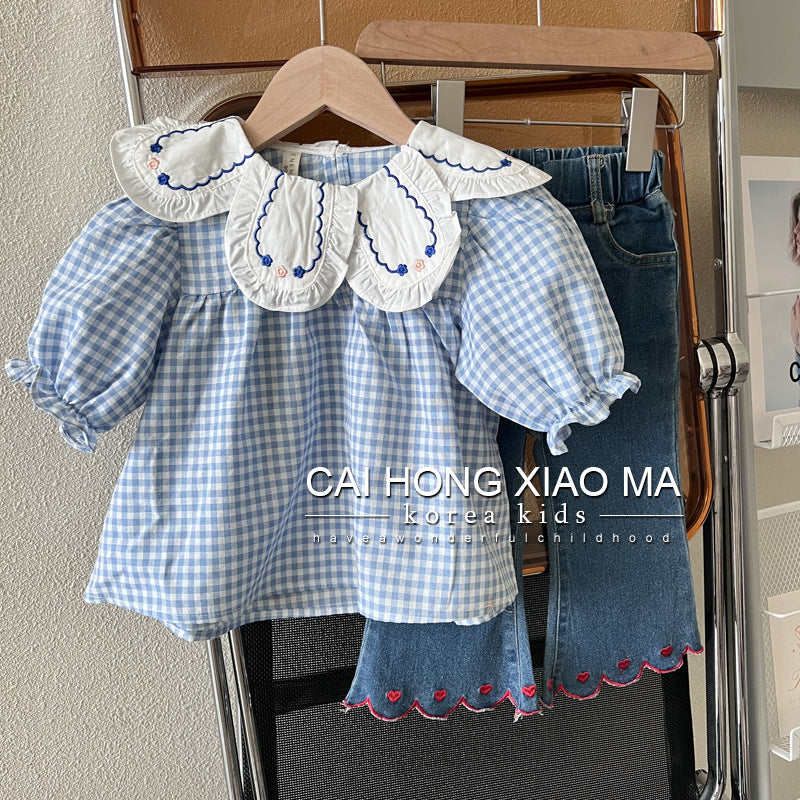 2025Autumn Children's Clothing Girls' Puff Sleeve Shirt Stylish Blue Plaid Baby Doll Long Sleeve Top