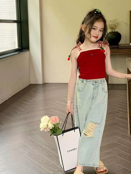 Girls' Bowknot Jeans2025New Style Children's Fashionable Wide-Leg Pants for Older Kids, Long Straight-Leg Pants