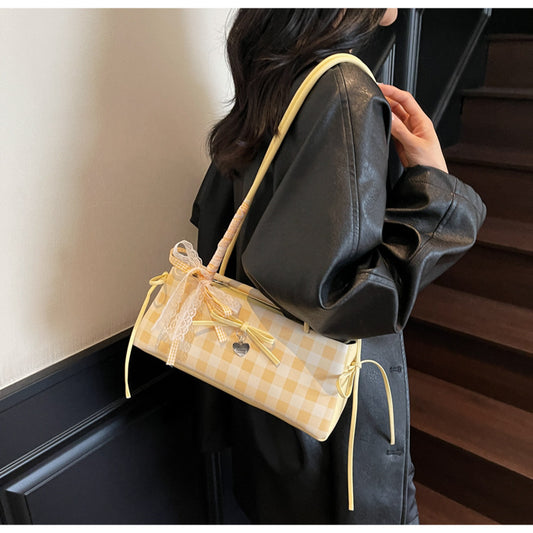 Dopamine Plaid Handbag Small Tote Bag for Women Summer2025New Ballet Style Bow Baguette Bag Underarm Bag Trendy
