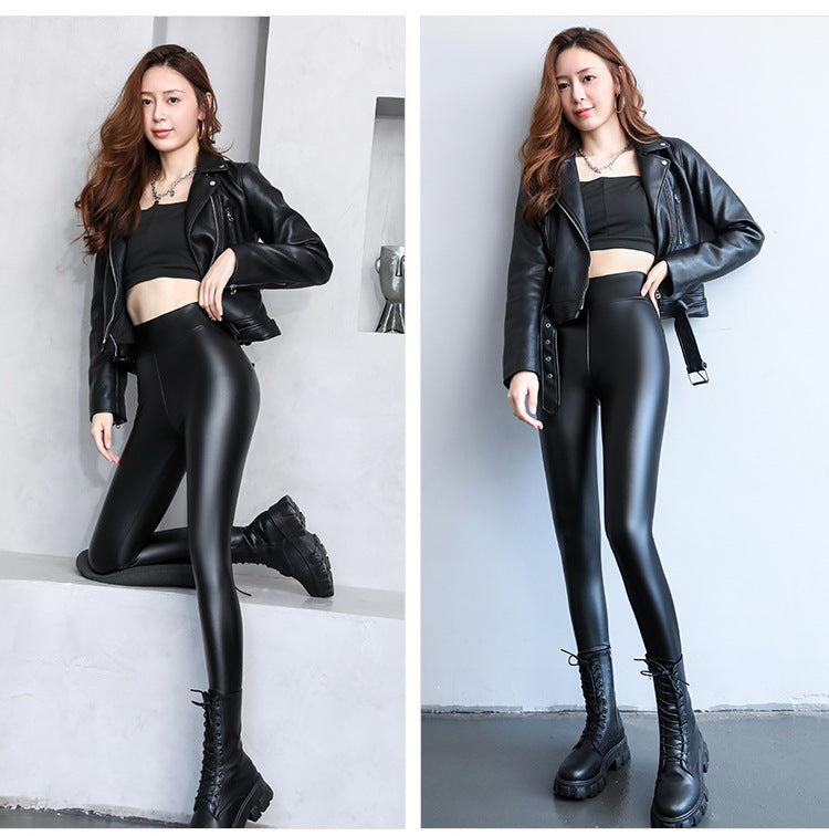 PU Women's Leather Pants Autumn Winter Long Pants Base Pants Fleece Lined Thickened High Waist Slimming Windproof Waterproof Outdoor Wear Wholesale