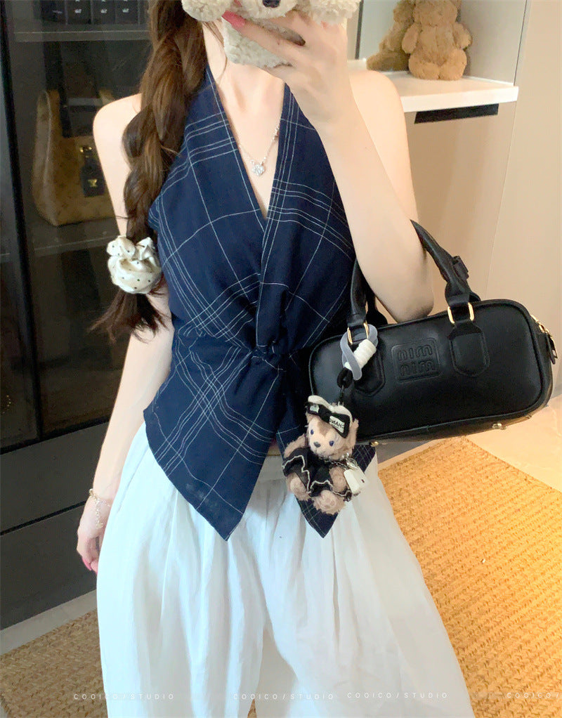 Summer2025New Korean Retro Plaid Knot Waist Slimming Elegant Halter Top Women's Camisole Trendy