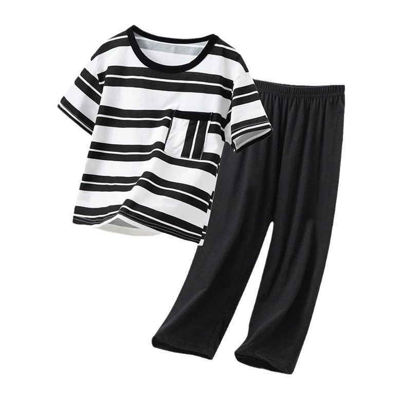 Parent-Child Cotton Homewear Summer Style Children's Short Sleeve Long Pants Set Cartoon Air Conditioning Clothing Sweat-Absorbing Printed Pajamas Couple Outfit