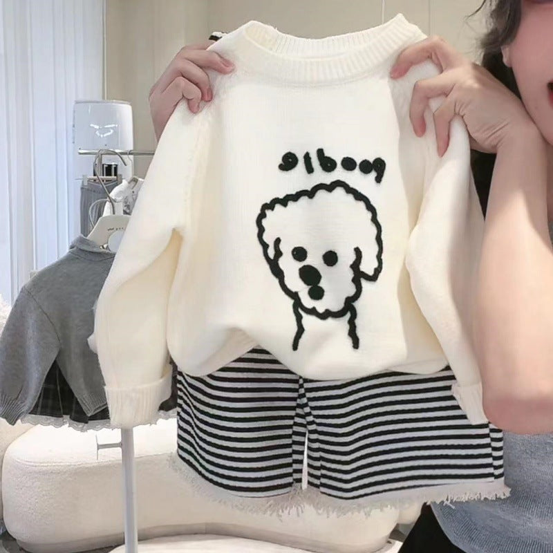 Sweet Little Girl Autumn Sweater Pants Set Cartoon Top with Striped Long Pants Two-Piece Korean Style Children's Clothing