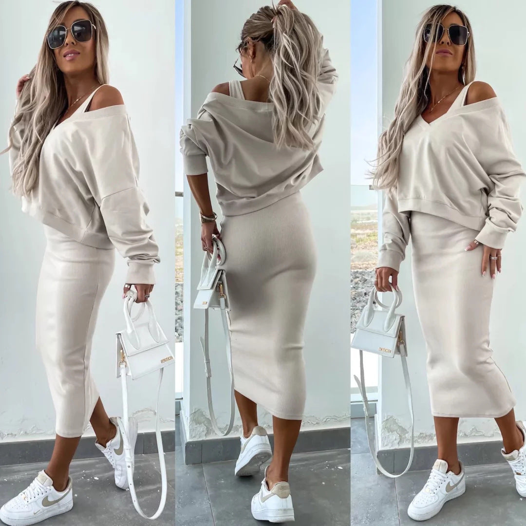 Amazon European and American Cross-Border New Spring Summer Women's Solid Color Clothing V Collar Long Sleeve Sweater Sling Slim Fit Long Dress2Set