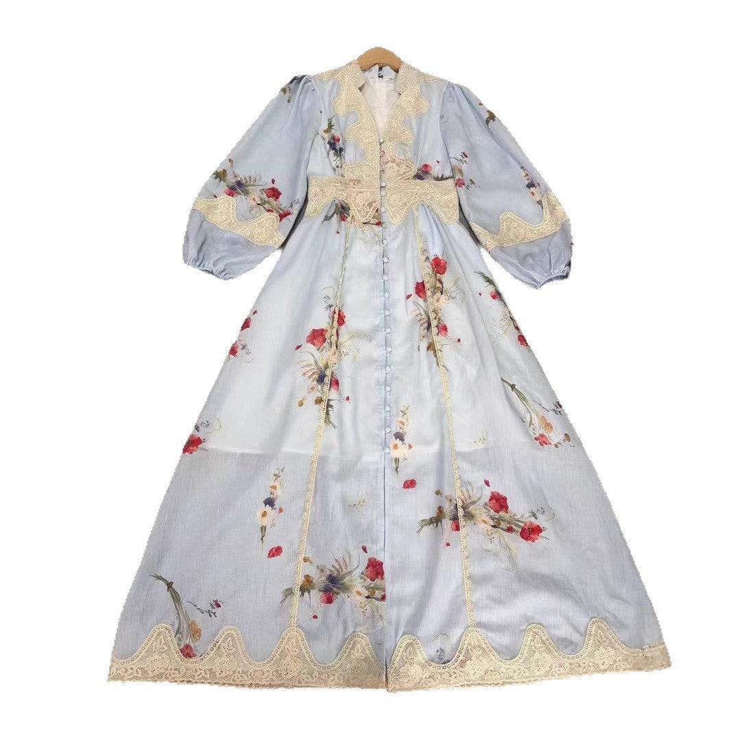 2025Spring and Summer European and American Cross-Border Palace Retro Style V Collared Waist Lantern Sleeve Printed Long Dress for Women