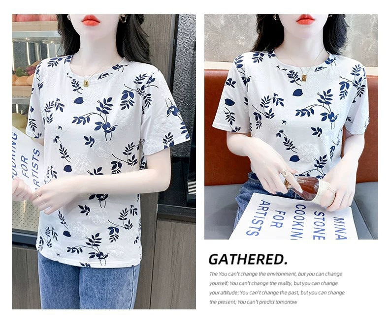 Cross-border new product milk silk round neck short-sleeved women's clothing T Floral Print Foam Base Shirt Loose Fit Women's Top
