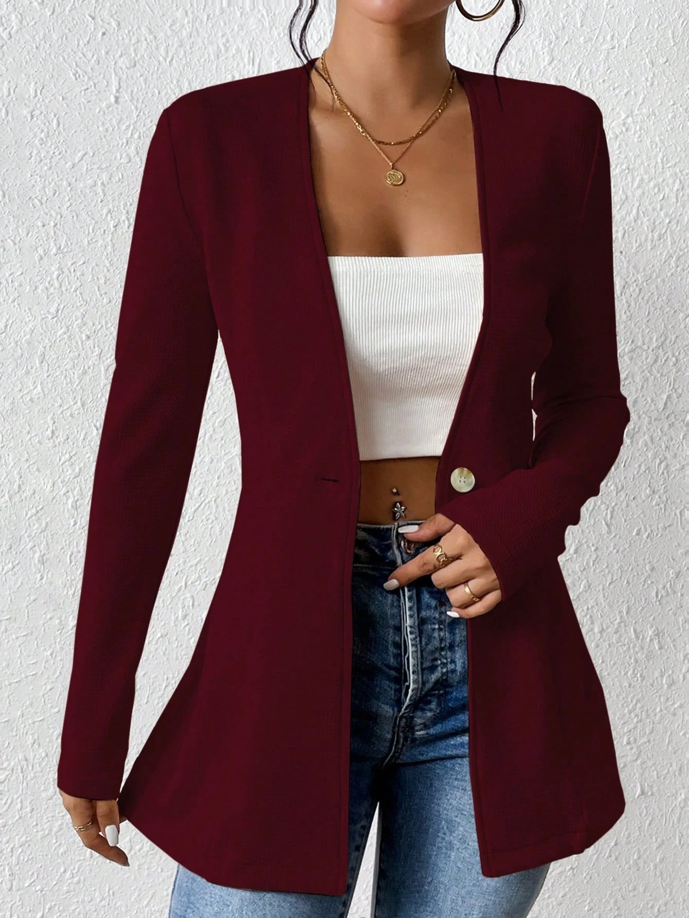 2025New Korean Fashion Style from Amazon Europe and America V Single Button Solid Color Long Sleeve Blazer