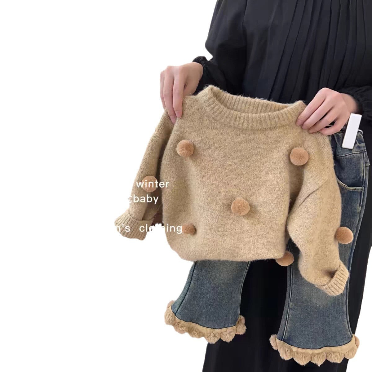 Little Salt Lemon Girl's Sweater Set Autumn Winter New Fashionable Baby Knitted Top One-Piece Fleece Jeans Two-Piece Set