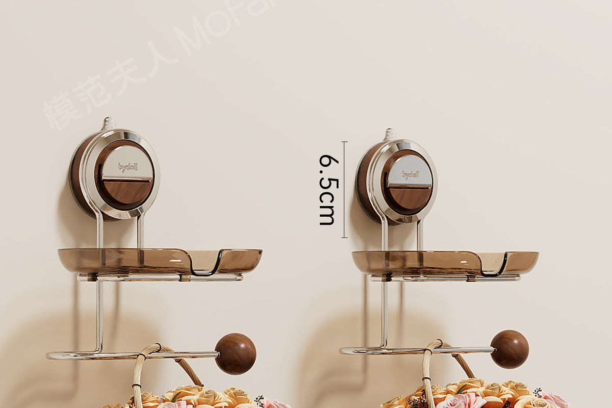 Walnut Wood Suction Cup Soap Holder Wall-Mounted Bathroom No-Drill Storage Rack Soap Box