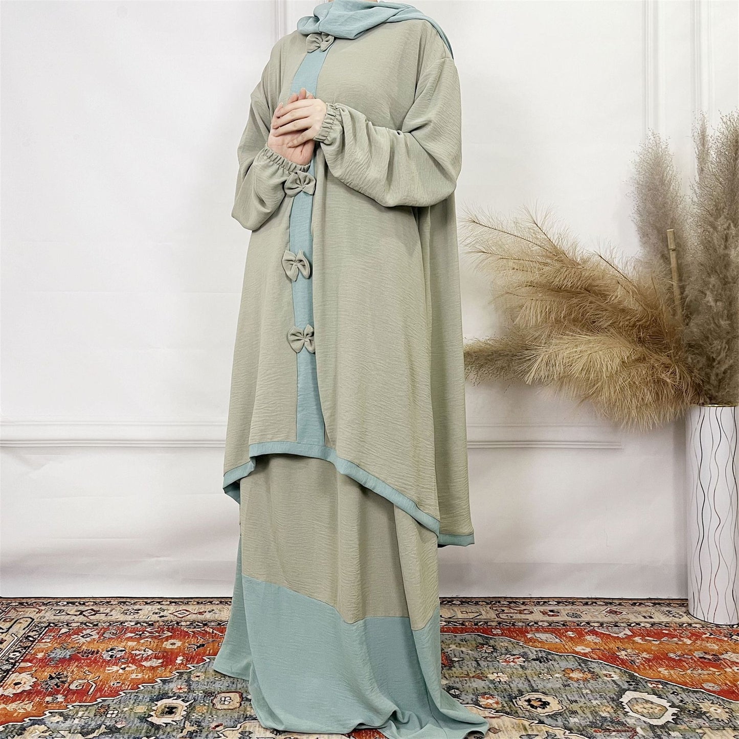 2024Aliexpress Muslims Fashion Women's Two-Piece Set with Bowknot, Solid Color Double-Layer Hat and Robe Set
