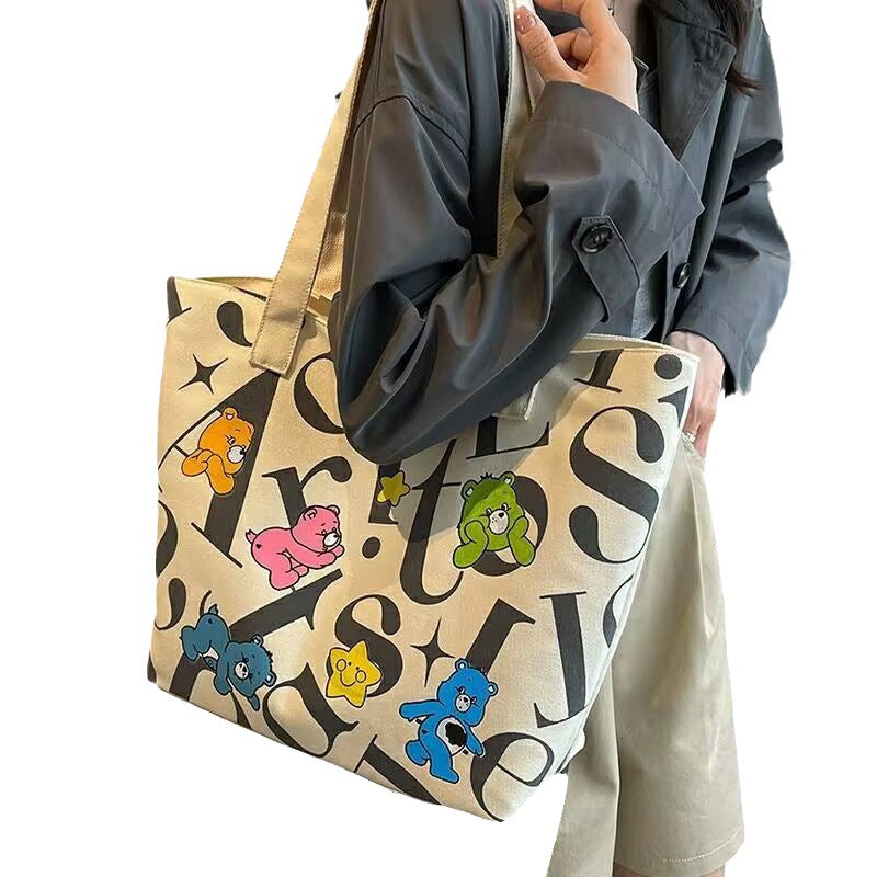 Student Canvas Bag for Women, Large Capacity Tote Commuter Bag, Versatile Printed Mommy Bag, Handheld Shoulder Bag, Shopping Bag for Women