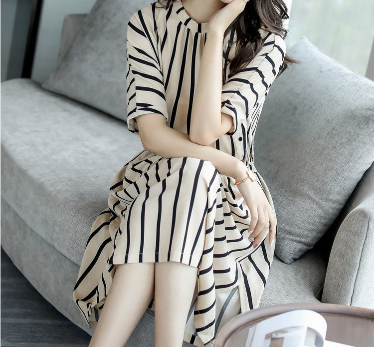 Beautiful Striped Dress2025Korean Style Lace-Up Waist-Cinching Loose Skirt Summer Mid-Length Plus Size Women's Clothing Wholesale