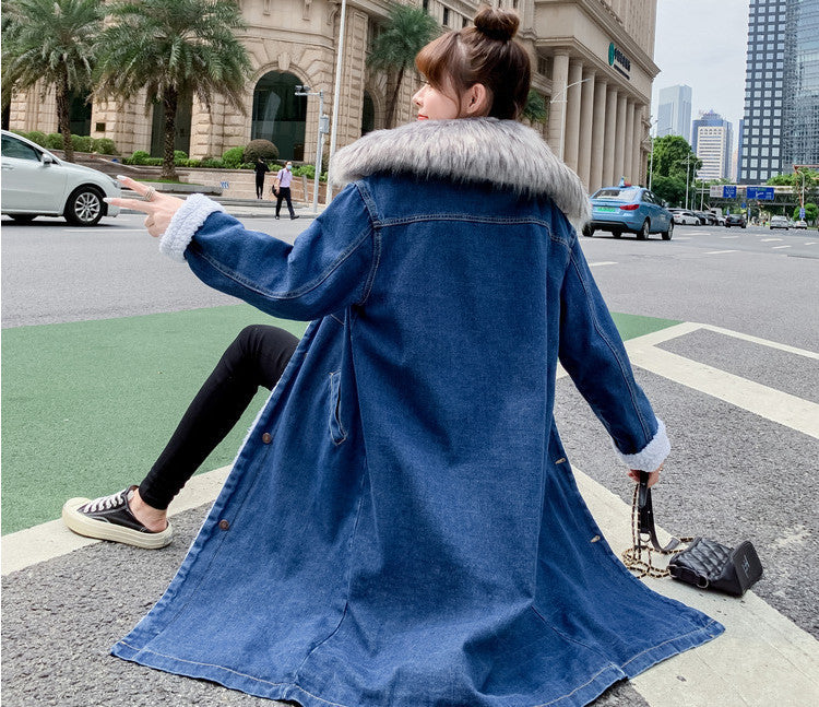 2022Winter New Mid-Length Large Fur Collar Fleece-Lined Lamb Wool Denim Jacket for Women Loose Casual Cotton Coat