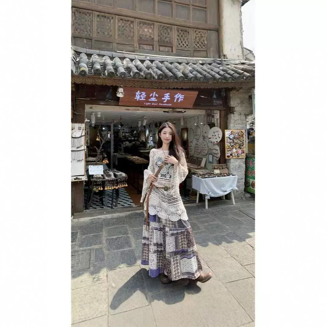 Bohemian Vacation Style Set Dress for Women Summer Hollow Out Sun Protection Knitted Cover-Up Printed Skirt Two-Piece Set