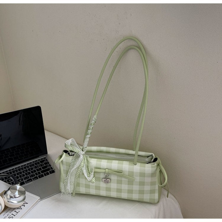 Dopamine Plaid Handbag Small Tote Bag for Women Summer2025New Ballet Style Bow Baguette Bag Underarm Bag Trendy