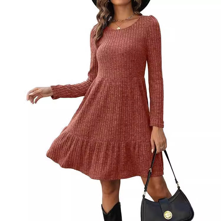 2023Autumn and Winter TEMU Amazon European and American Women's Fashion Cross-Border New Striped Round Neck Knitted Sweater Dress for Women