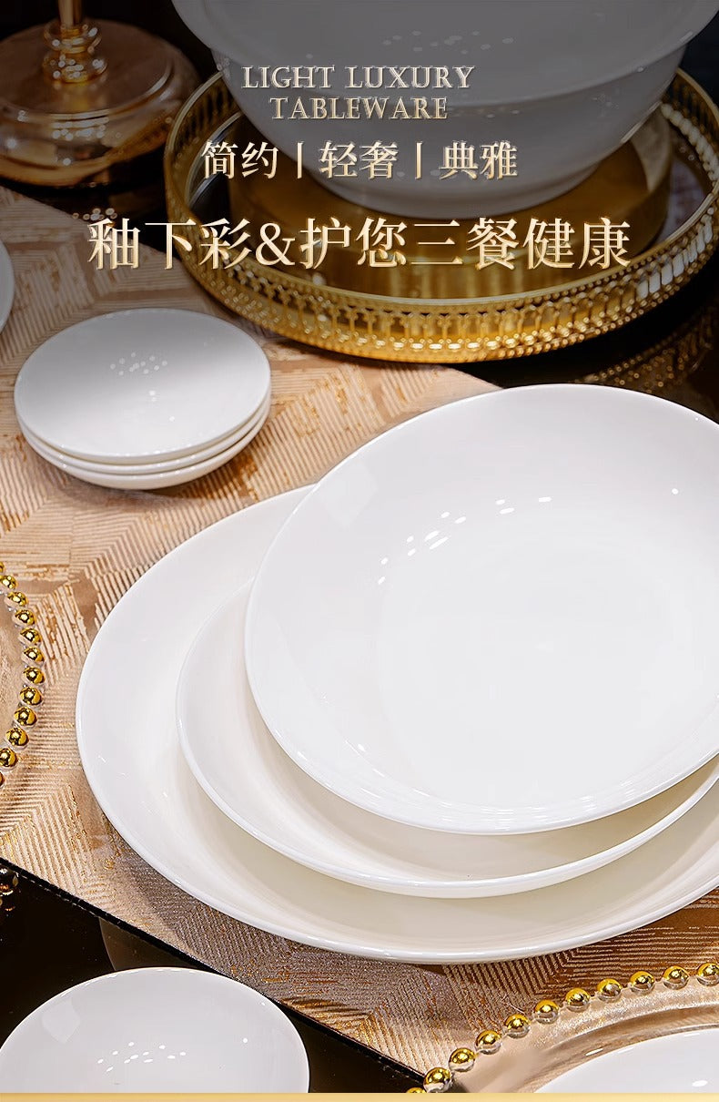 Tangshan Bone China Pure White Underglaze Color Bowl and Plate Set Household Combination Tableware Set Bowl Plate Dish Gift Box High Temperature Porcelain
