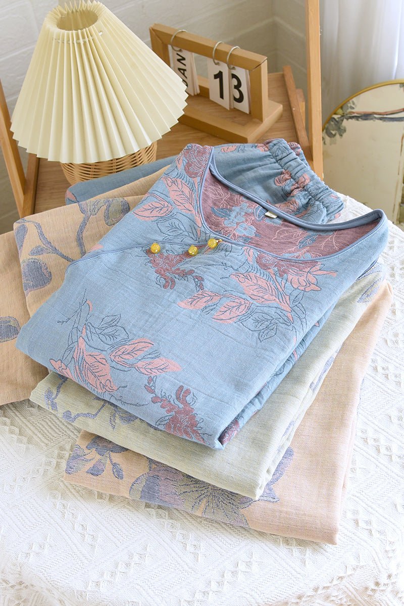 Women's Pearl Button Color Woven Jacquard National Style Pajamas Spring Four Seasons Thin Round Neck Pullover Homewear Set Suitable for Outerwear