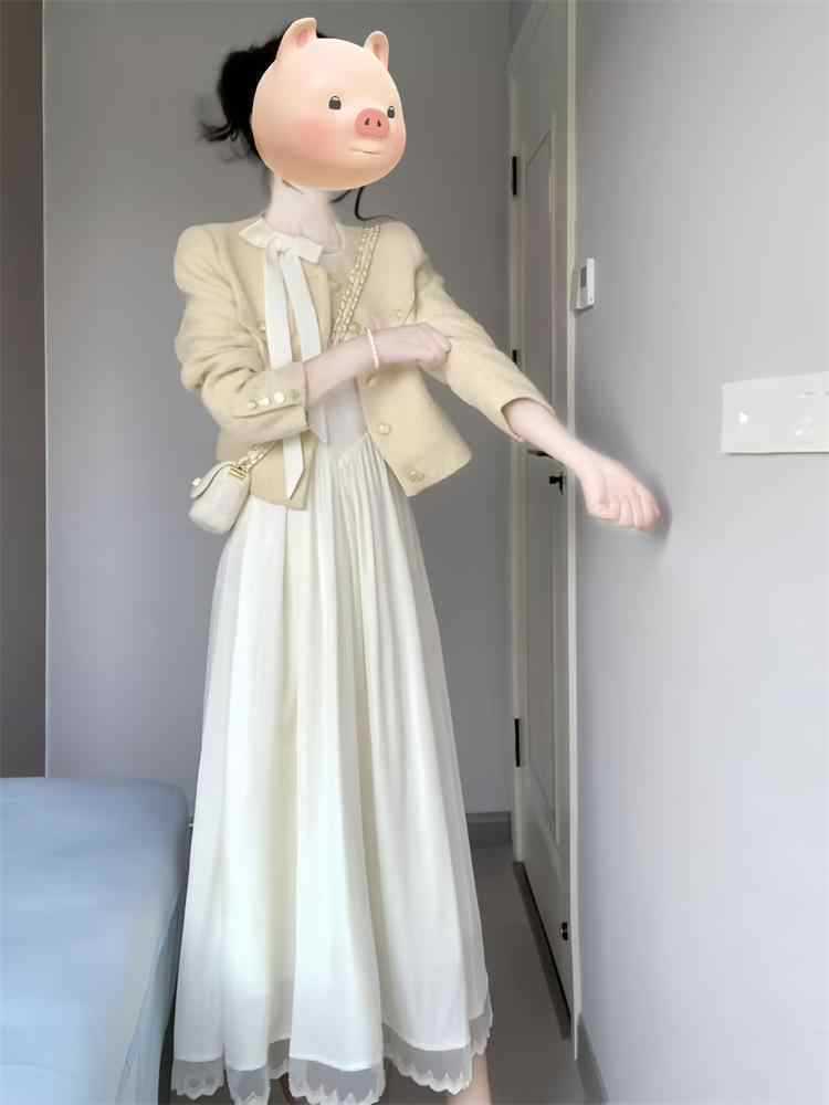Plus Size Fat mm Little Chanel Style Set Spring and Autumn Women's Clothing2025New Design Bowknot Dress and Jacket Set
