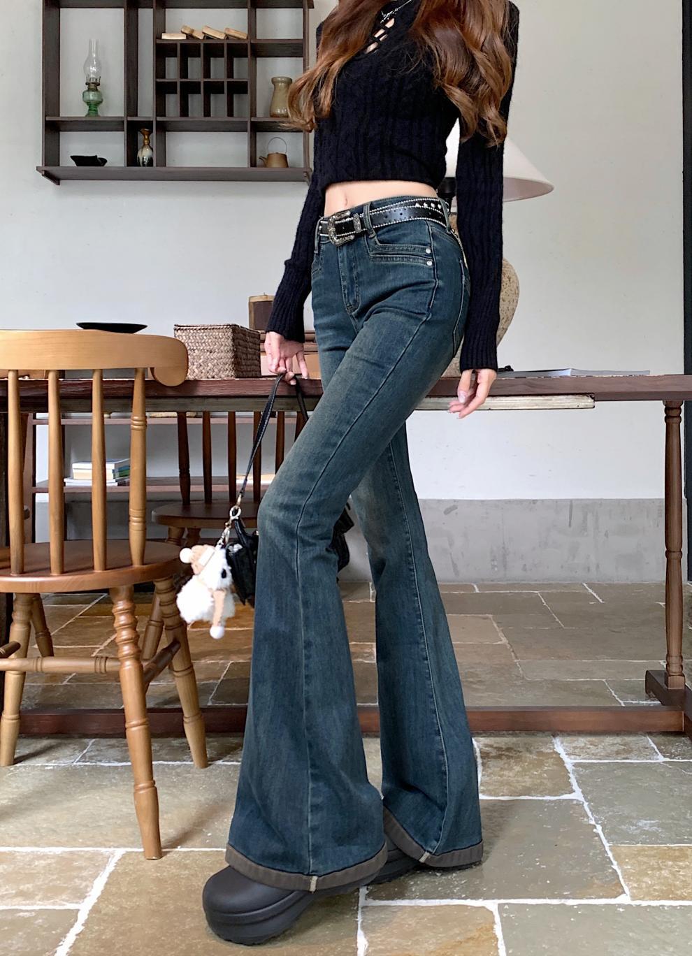 Washed Fleece-Lined Flared Jeans for Women, Autumn and Winter Vintage Slim High-Waisted Slimming Floor-Length Pants, Leg-Shaping