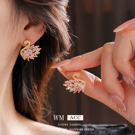 Real Gold Plated Silver Needle Zircon Swan Earrings Niche Light Luxury Exquisite ins Earrings with a high-end feel versatile for women