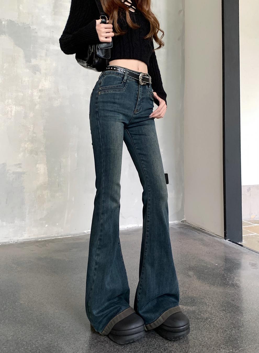 Washed Fleece-Lined Flared Jeans for Women, Autumn and Winter Vintage Slim High-Waisted Slimming Floor-Length Pants, Leg-Shaping