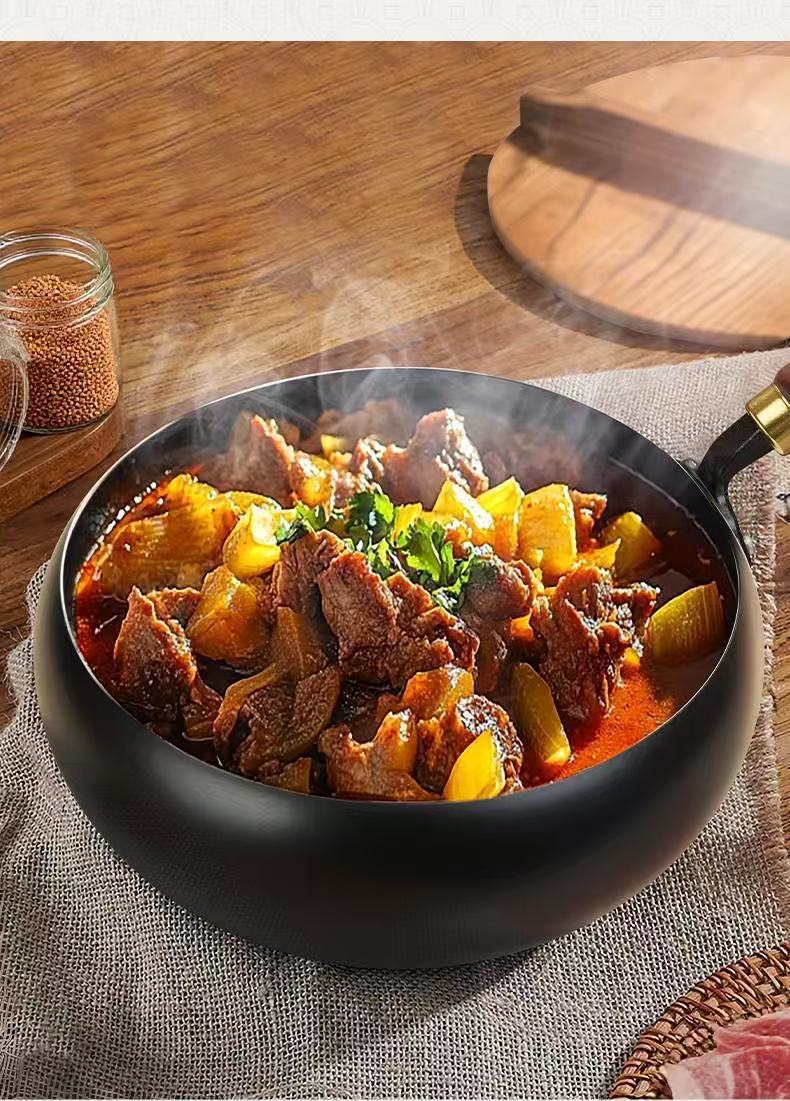 Non-stick Large Belly Wok for Home Use, No Coating, Suitable for Induction Cookers, Fine Iron Wok, No Preheating Needed, Small Stir-fry Pan