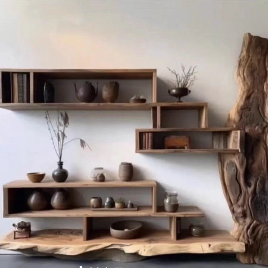Wabi-Sabi Style Camphor Wood Solid Wood Display Cabinet Tea Storage Cabinet Natural Wood Multi-Functional Storage Rack