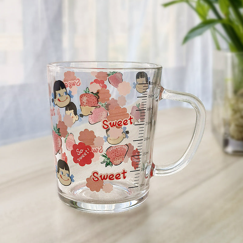 ins Glass Cup with Straw Milk Breakfast Cup Cute Cartoon Graduated Cup with Lid Spoon Gift Customization logo