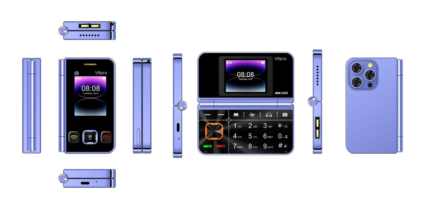 Cross-Border Foreign Trade V8pro Dual Screen Folding Flip Function Phone2G Elderly Foreign Language Mobile Phone Large Buttons Flashlight