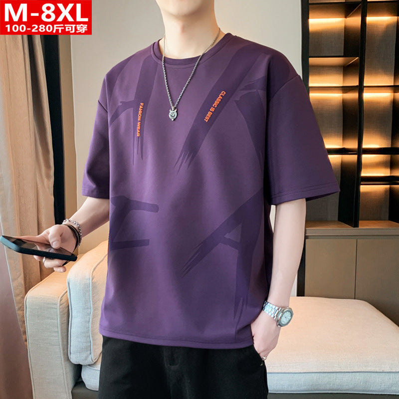 Summer Trendy Hong Kong Style Men's Printed Round Neck Short Sleeve T T-shirt Plus Size Loose Casual T-Shirt for Overweight Men