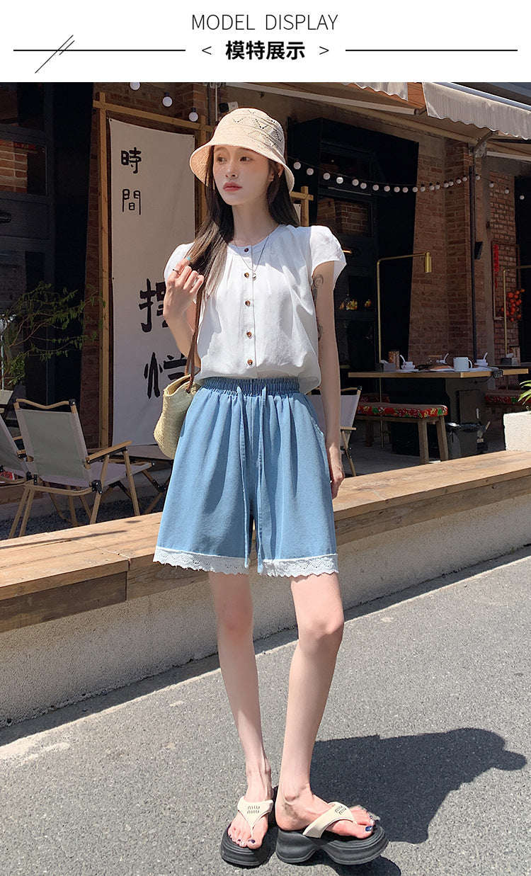 Japanese Style Wide-Leg Jeans for Women2025High Waist Lace Trim Casual Shorts Loose Straight Five-Point Shorts Trendy