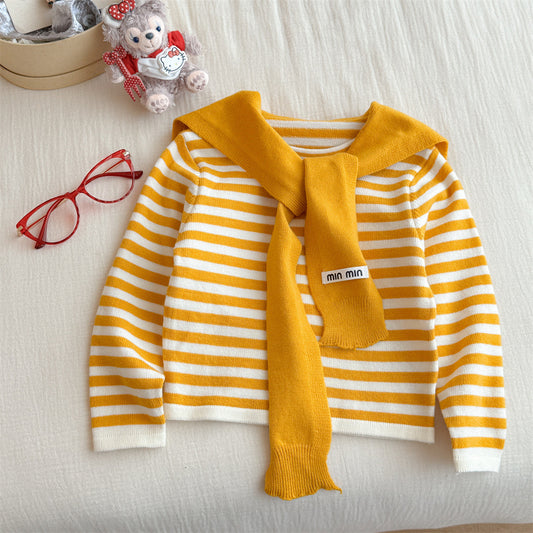 Girls' Striped Shawl Knitted Base Shirt for Outerwear, Autumn New Fashionable Color-Block Round Neck Long Sleeve T T shirt