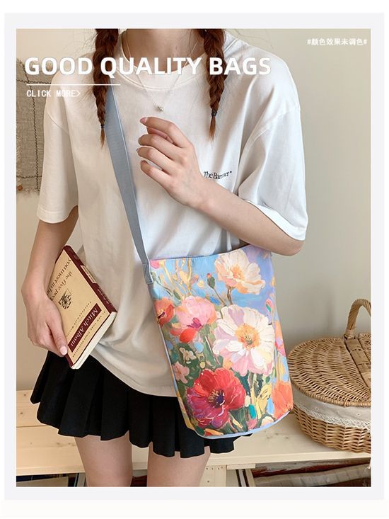New2025Floral Oil Painting Niche Large Capacity Versatile Commuter Bucket High-end Bag Women's Shoulder Bag Hot Item