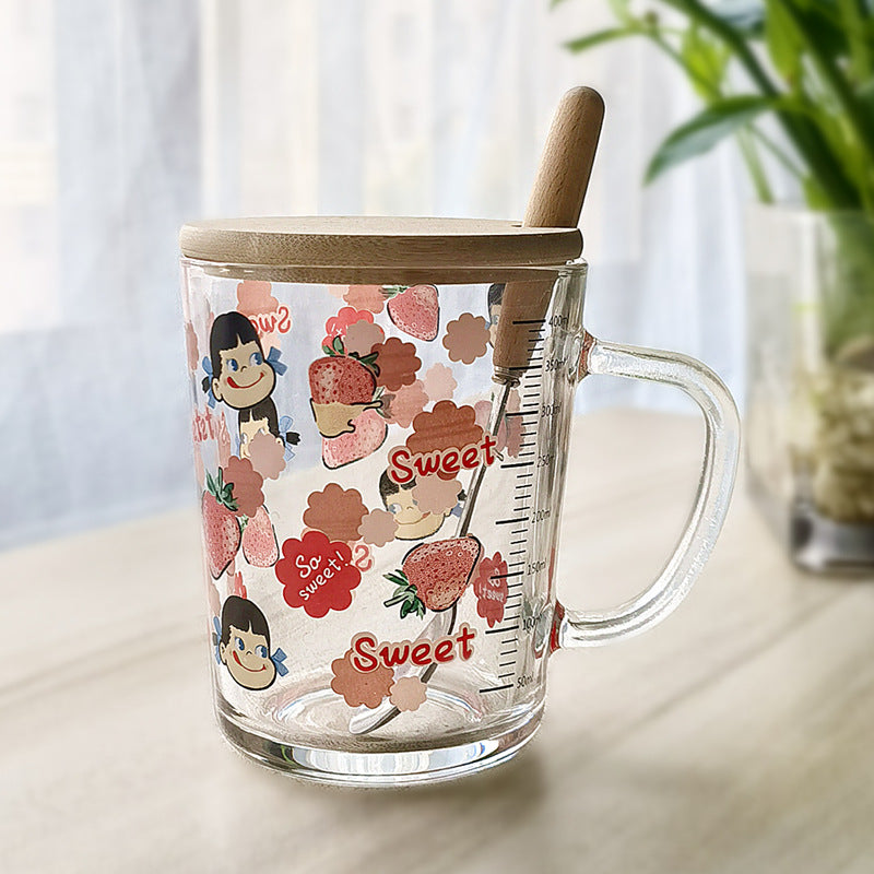 ins Glass Cup with Straw Milk Breakfast Cup Cute Cartoon Graduated Cup with Lid Spoon Gift Customization logo