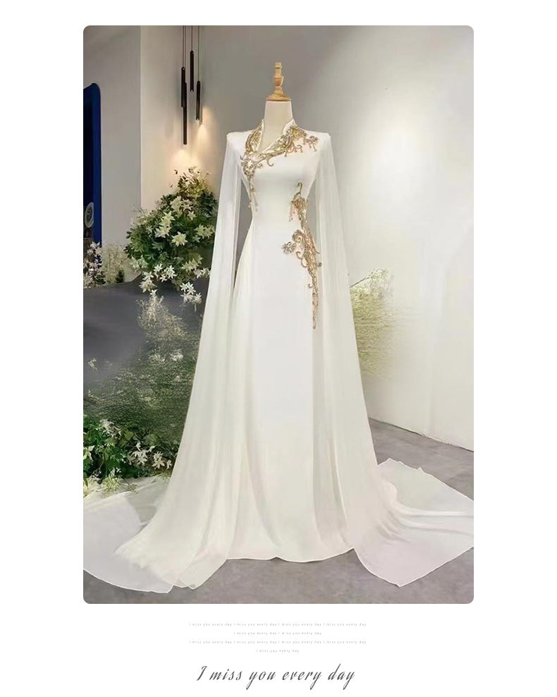 White evening dress with a high-end feel2025New Model Music Student Art Exam Vocal Performance Female Singer Folk Song Solo Performance Elegant