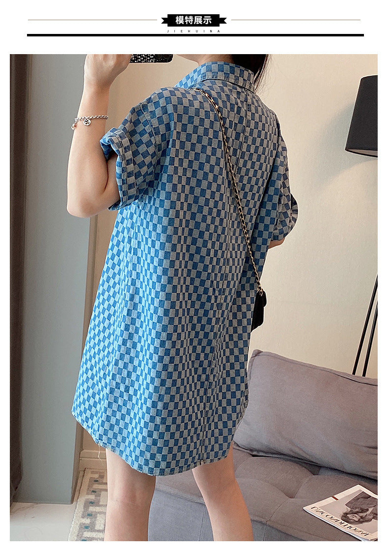 2-300Jin Fat mm Denim Blue Dress for Women Summer New Large Size Mid-Length Loose Short Sleeve T T-shirt Skirt
