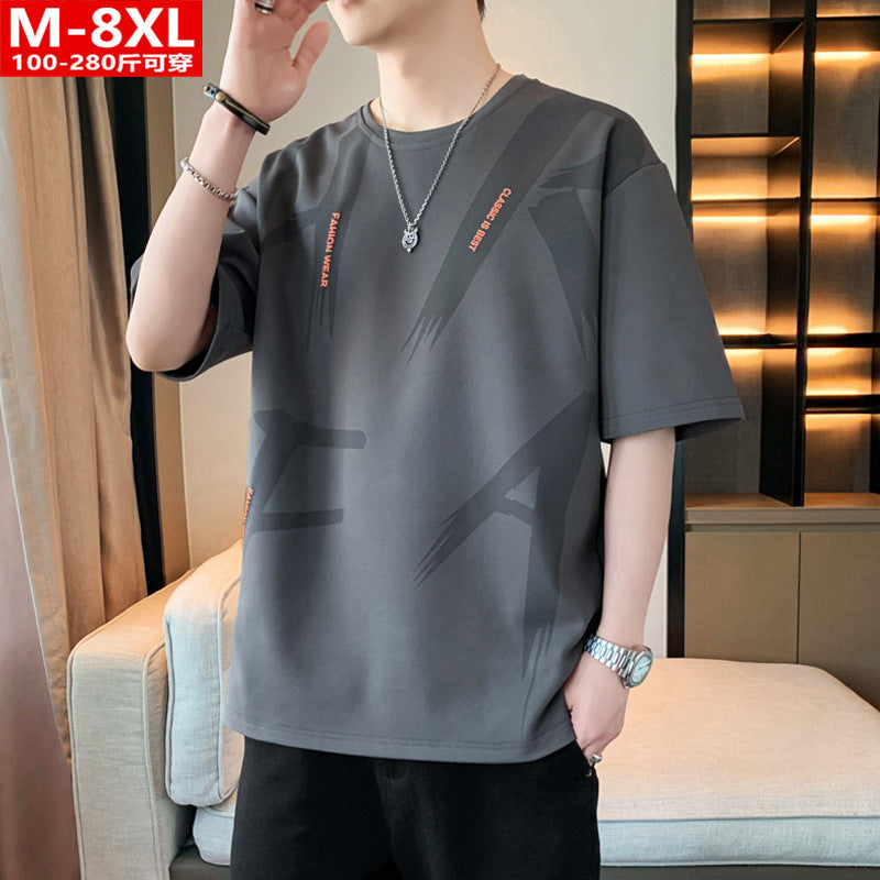 Summer Trendy Hong Kong Style Men's Printed Round Neck Short Sleeve T T-shirt Plus Size Loose Casual T-Shirt for Overweight Men