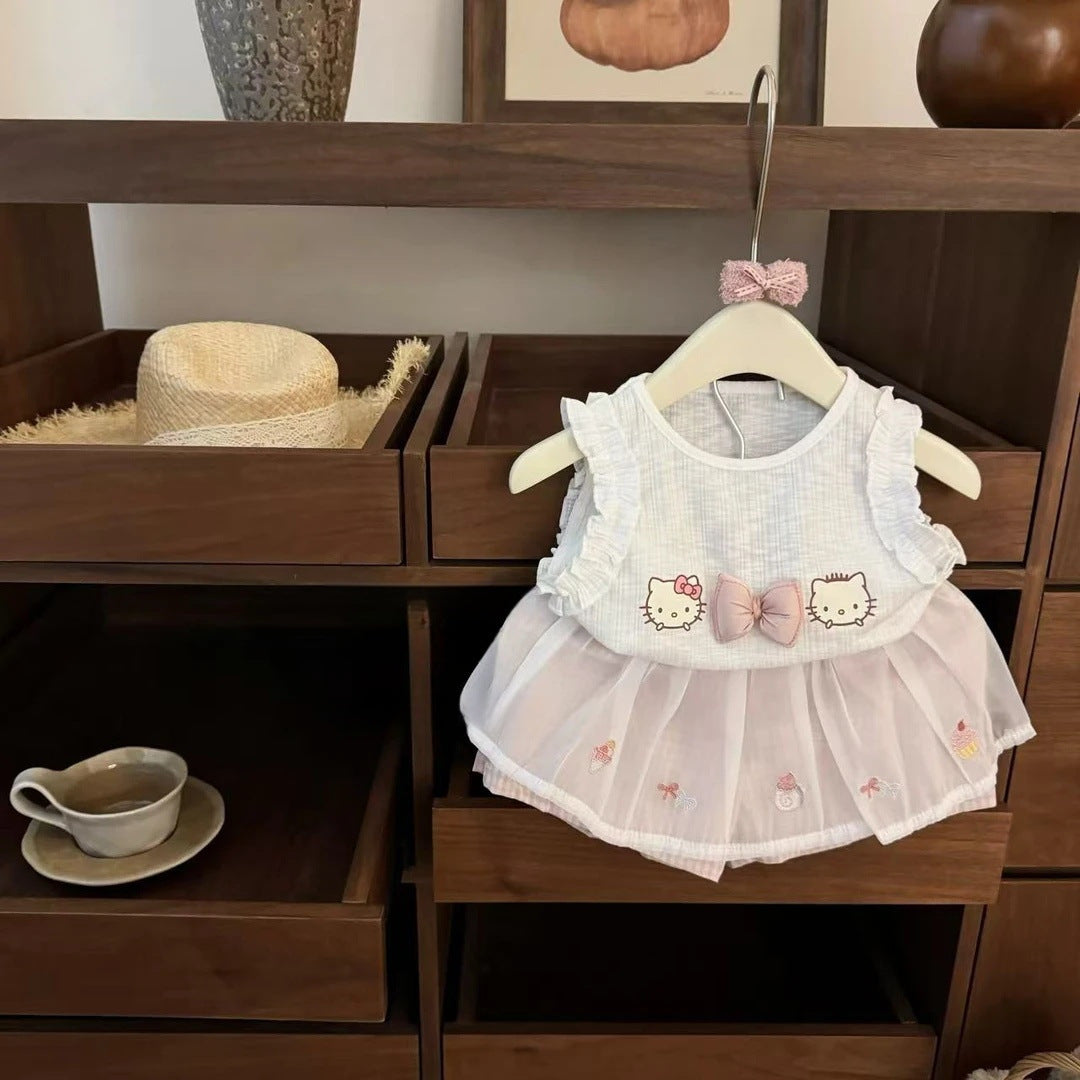 Sweet Little Girl Summer tutu High-Quality Mesh Cake Skirt Two-Piece Set Cute Tank Top and Shorts Two-Piece
