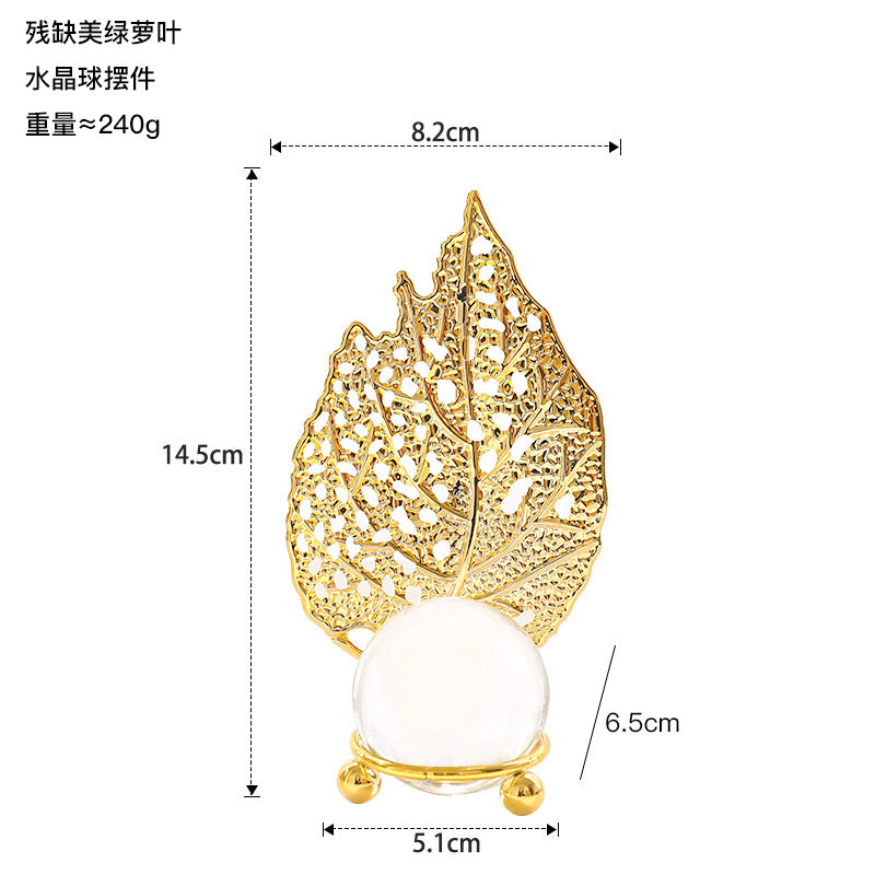Nordic Light Luxury Metal Leaf Crystal Ball Ornament for Study Room Bookshelf Wine Frame Model Room Entrance Decoration Ornament