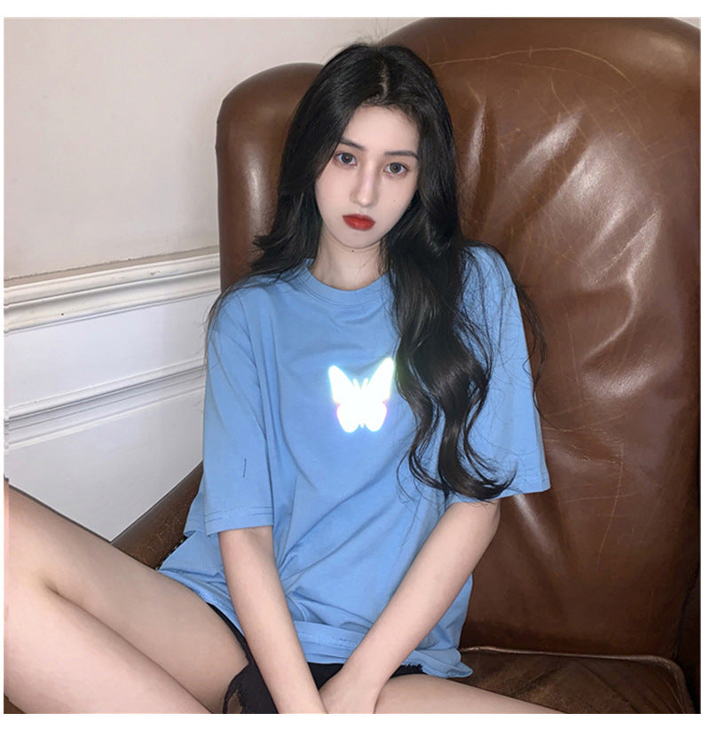 Summer2025New Year's Trendy Internet Celebrity Couple Outfit Reflective Butterfly Short Sleeve t Women's Summer T-shirt ins Super Popular Short Top
