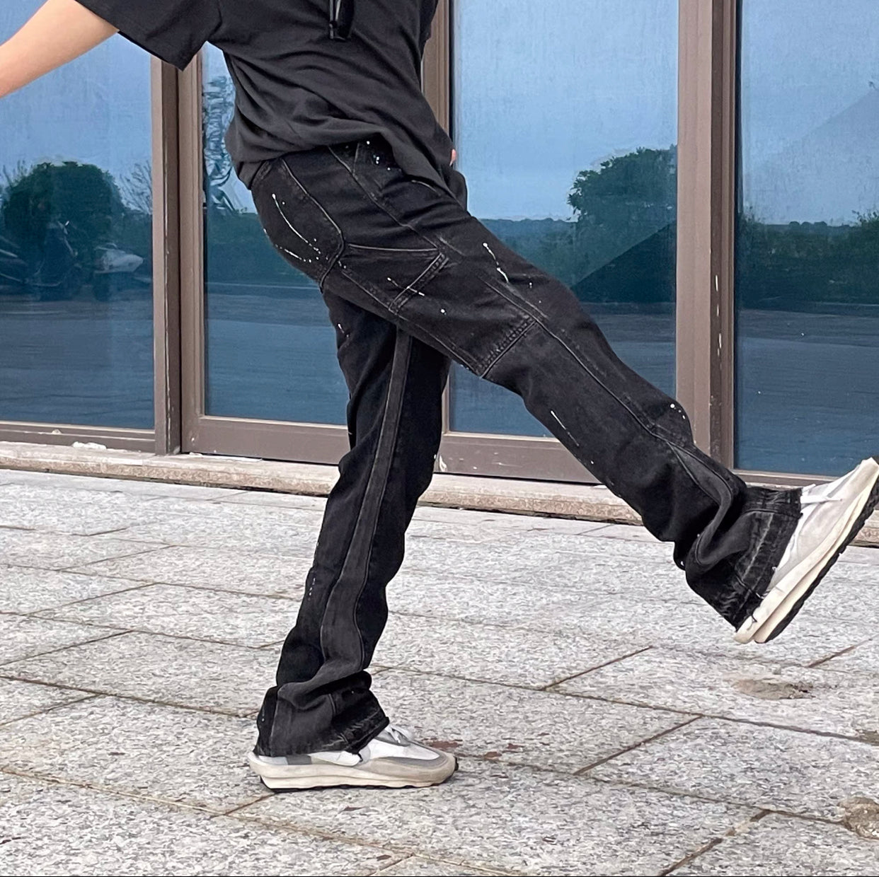2023New Graffiti Ink Splash Damage Dept Casual Retro Niche vibo High Street Men's and Women's Flared Jeans