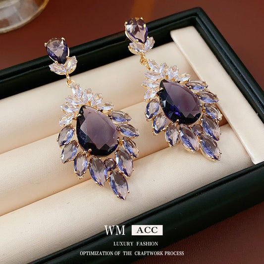 Medieval vintage Zircon Earrings Silver Needle Exaggerated Heavy Craft Flower Water Drop Studs Light Luxury High-end Feel Earrings for Women