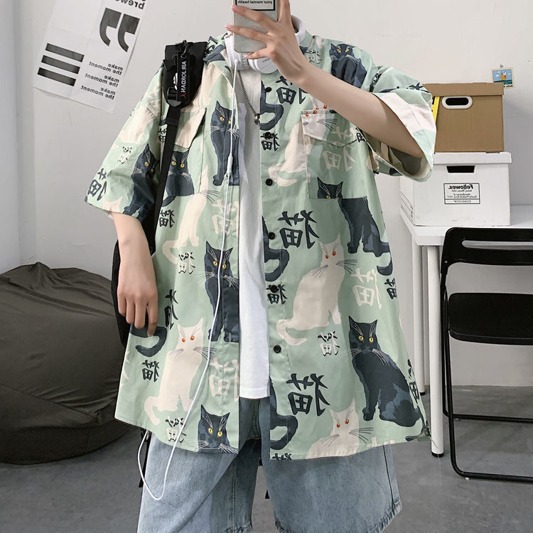 Summer Japanese Style Short Sleeve Shirt Men Half Sleeve Shirt Hong Kong Style Trendy Cat Print Student Loose Casual Shirt12