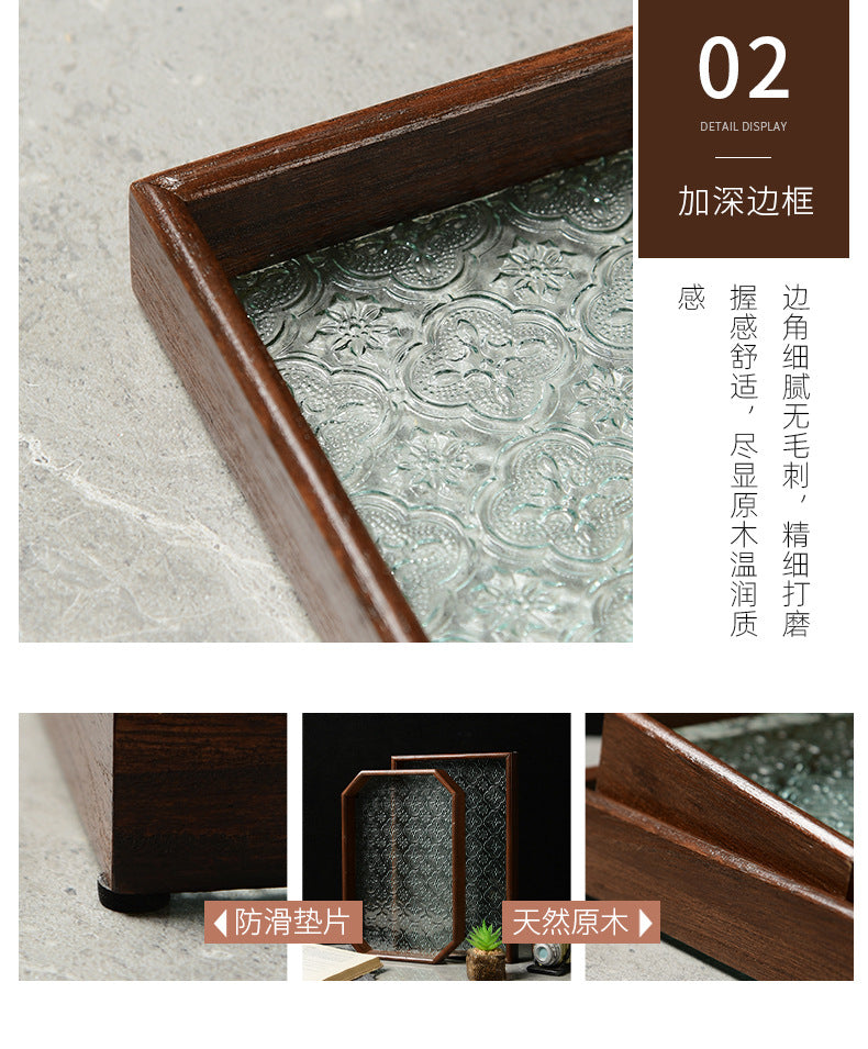 Begonia Embossed Glass Tray Walnut Color Rectangular Tea Tray Storage Ornaments Tea Water Cup Fruit Snack Plate