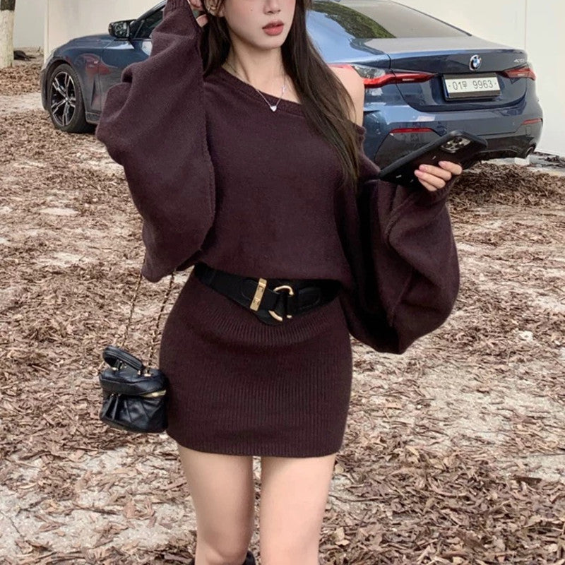 Korean Style Asymmetrical Shoulder Batwing Sleeve Sweater Dress for Women2025Autumn and Winter New Style Belted Elegant Hot Girl Bodycon Mini Dress