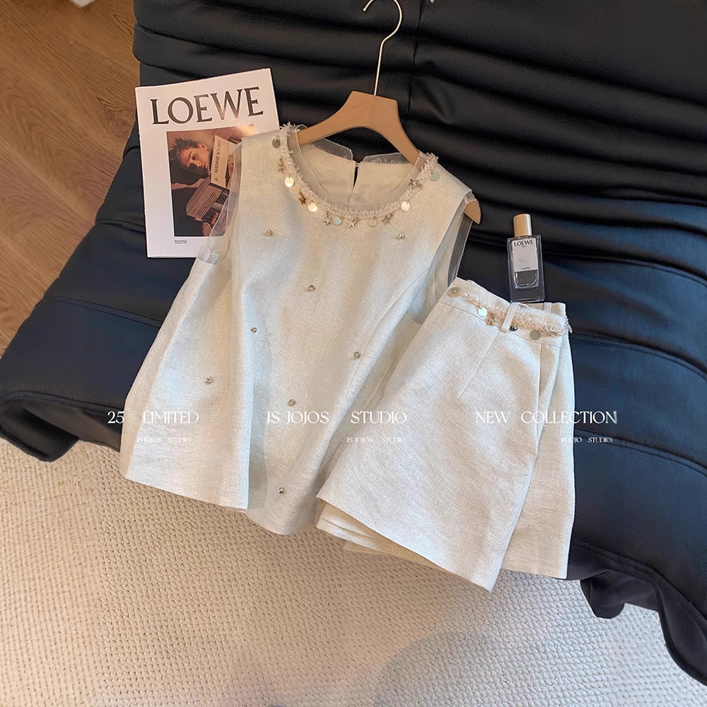 【Self-produced and self-sold, can accept orders】Shell Beaded Set for Women Summer Playful Youthful Versatile Shorts Two-Piece Set