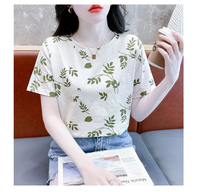 Cross-border new product milk silk round neck short-sleeved women's clothing T Floral Print Foam Base Shirt Loose Fit Women's Top